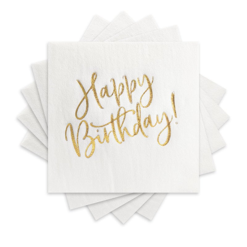 MORGIANA Happy Birthday Napkins, Luxury White Gold Birthday Dinner Napkins, Disposable Cocktail Napkins White, Linen Feel Birthday Party Napkin for Birthday Party Suppliesï¼ˆ8 x 8 in, 50-Pack) - Image 1